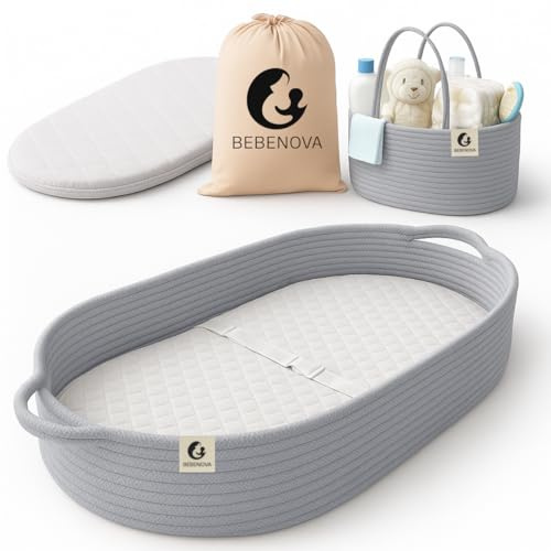 BEBENOVA Baby Changing Basket with Waterproof Pad, Baby Diaper Caddy Organizer, Blanket & Cotton Bag, Portable Changing Table Topper, Baby Changing Mat, Moses Baskets for Newborn (Grey)