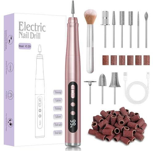 Cordless Nail Drill 35000RPM, Portable Electric Nail File for Acrylic Gel Nails, Professional Manicure Pedicure Kit, Rechargeable Pedicure Tools for feet with LCD Display, Low Noise Low Vibration