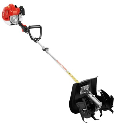 Motozappa a benzina con asta di prolunga, 6500 giri/min, fresa da giardino 25 cm di larghezza di lavoro e 9 cm di profondità, fresa a pavimento con paraspruzzi, manici regolabili e tracolla, durata 1