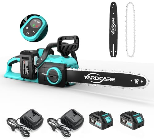 YARDCARE Motosega a batteria da 16 pollici, motore brushless da 1600 W, velocità catena 21 m/s, display LED, 2 batterie da 4 Ah, tensionamento senza attrezzi e lubrificazione automatica