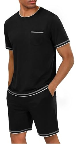 Demegimi Ensemble Pyjama Court Homme Coton pour l Été Haut à Manches Courtes Col Rond et Short Assortis Léger et Confortable