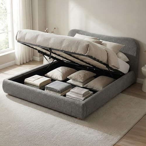 CLP Letto imbottito con contenitore Maido, struttura per materassi, rete con meccanismo di sollevamento, letto matrimoniale in tessuto Teddy, Colore:grigio scuro, Dimensione:180x200cm