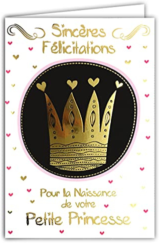 69-7026 Carte naissance fille petite princesse oiseau avec dorure Format 12 x 17,5 cm + Enveloppe Blanc