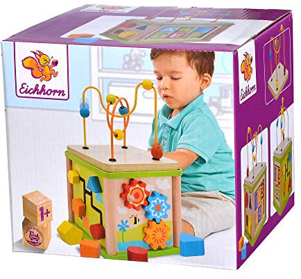 Eichhorn 100003713 - Kleines Spiele-Center 15,5x15,5x29,5cm mit Motorikschleife, Drehspiel, Steckspiel, Sortierspiel und 4 Steckbausteinen, Lindenholz