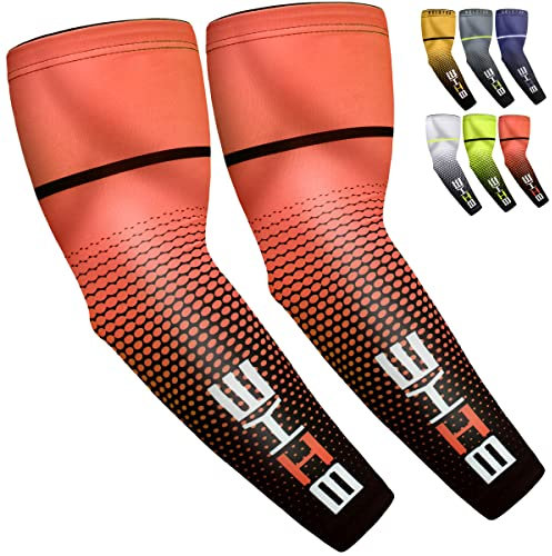 beister 1 Pair Compression Athlete Arm Sleeves for Women and Men, UV Protective Cooling Sports Sleeves for Arthritis, Lymphedema, Basketball, Football, Cycling, Outdoor Activities, Tangerine, M