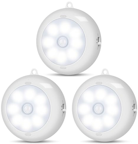 Reoshine Motion Sensor Light Indoor AA Battery Operated, Under Cabinet Lighting, Magnetic Stick on LED Puck Lights for Stair, Wall, Closet, Dimmable, Cool White, 3 Pack