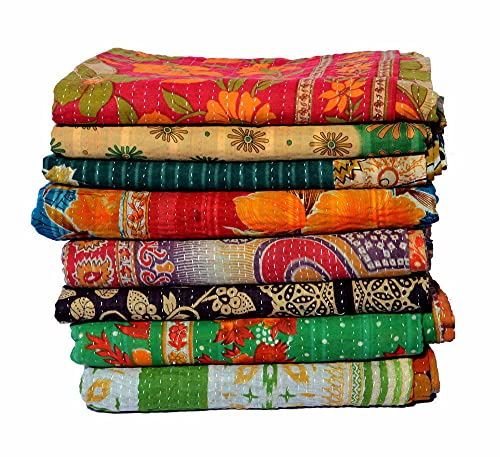 Boho Sanskriti 2 Pieces Set Indian Handmade Quilt Vintage Bedspreads,Throws Wholesale Lot Kantha Reversible Bedding Bedcover Bedspread Throw Cotton Blanket Gudari,Multicolor,Twin