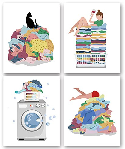 Set di 4 Stampe Artistiche da Parete per Lavanderia (20,3 x 25,4 cm, Senza Cornice), Illustrazione Creativa Con Scritta in Inglese Regole per Lavanderia, per Donne, Mamma