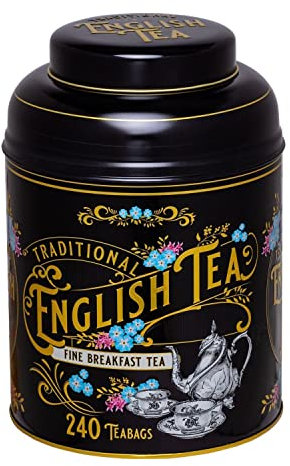 New English Teas Vintage Victorian Tea Tin in Black with 240 English Breakfast Teabags
