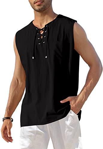 KUYIGO Gilet da Uomo in Cotone e Lino, Senza Maniche, Stile Henley, Casual, con Lacci, da Spiaggia, Hippie, Nero, S