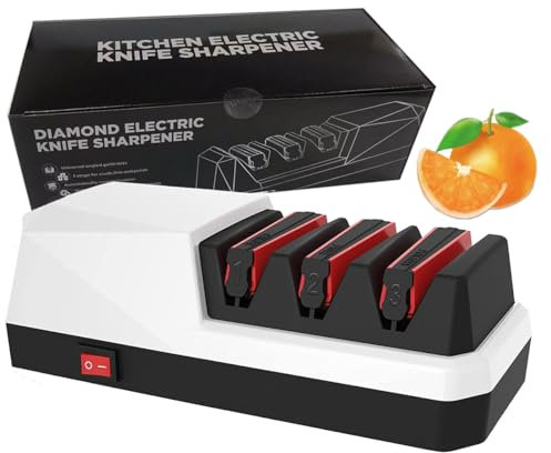 Chulovs Affûteuse de couteaux électrique,Affûteuse de couteaux électrique à 3 niveaux pour les couteaux à lame droite, les couteaux dentelés et les couteaux en céramique. (Blanc)