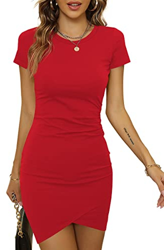 Laughido Mini Robe Portefeuille Moulante à Manches Courtes - Col Rond - Plissée de Plage pour Femme, Rouge, M