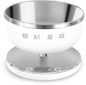 Smeg, Balance de Cuisine KSC01WHMWW, Bol Amovible en Acier Inoxydable, Quatre Unités de Mesure g/ml et lb.oz/fl.oz, avec Fonction de Tare, Capacité Maximale 5 kg, Blanc Mat
