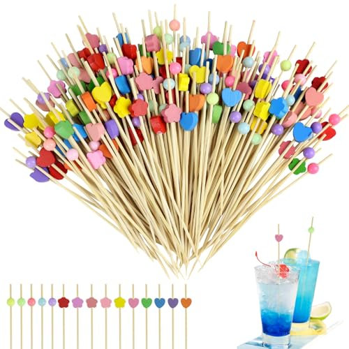 XIAQICA 300 PCS Palillos para Aperitivos 12cm Colorido Brochetas Cóctel Madera Palillos para CóCteles Forma Corazones Ciruelas y Bolas Redondas Brochetas Cóctel para Decoración Fiesta Frutas