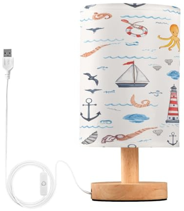 JUMBEAR Lámpara de mesa pequeña con patrón náutico para el cuidado de los ojos, lámparas de mesita de noche con pantalla de tela de lino para habitación de niños, sala de estar, escritorio de oficina