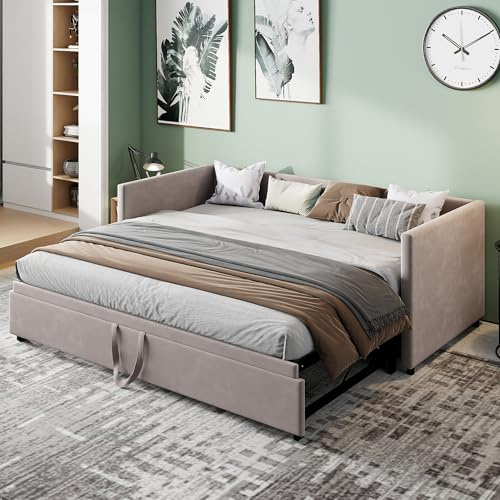 NSXSBUZ Schlafsofa 90/180 x 200 cm, Ausziehbett, Schlafsofa mit Lattenrost, Doppelschlafsofa, Tagesbett, Klappbett, mit Lattenrost, Samt (Grau, 90/180 x 200)
