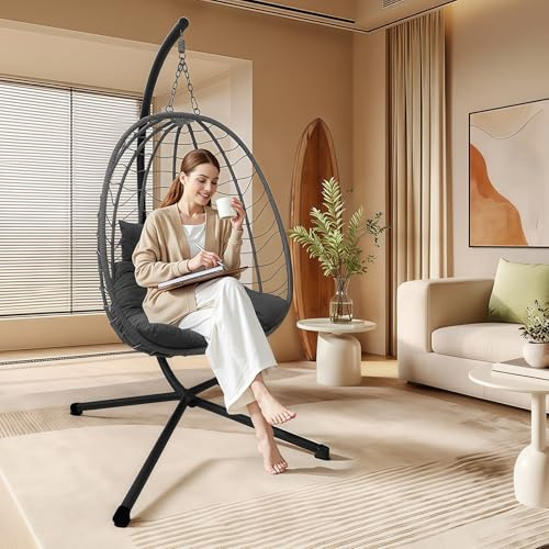 XLRUISEN Hanging Egg Chair with Stand, Outdoor Indoor Rattan Wicker Swing Chair, Foldable Patio Hammock with Cushion, Dark Grey, 350 LBS Capacity (Dark Grey)