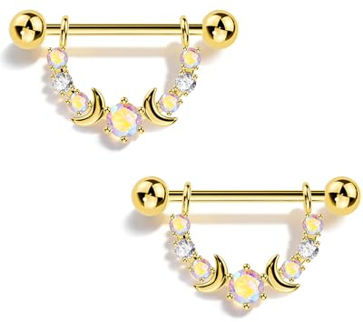 CM Crareesi Mania 14G Nipple Piercing Jewellery Gold Silver Moon Star AB CZ Nipple Barbell Internally Threaded Nipple Rings for Women Body Piercing Jewelry