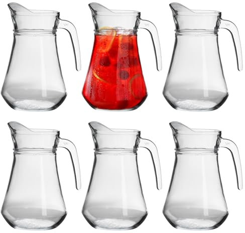 Argon Tableware Brocca Glass Water Jugs - 1.5L - Pack of 6 - Clear Glass Serving Jug Tapered Drinks Pitcher with Handle for Cocktails, Juice, Punch, Soft Drinks, Water