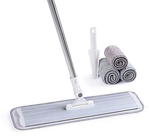 CQT Système de Nettoyage Commercial Plat en Microfibre de 45,7 cm pour Bois Dur Humide, Sec et poussière avec 4 tampons lavables pour carrelage stratifié, poignée et Extension en Acier Inoxydable