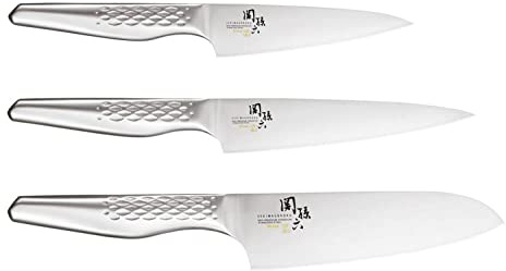 KAI Seki Magoroku Shoso Messer 3er Set - Allzweckmesser 12 cm, Allzweckmesser 15 cm, Santoku 16,5 cm - 5CR15MoV Stahl 56 (±1) HRC - 18-8 Edelstahl Griff Rautenmuster - Made in Japan