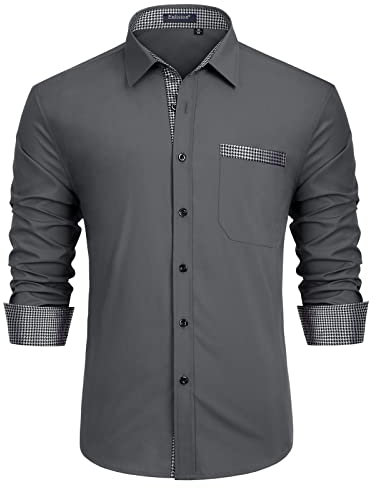 Enlision Hemd Herren Grau Langarm Business Hemden Regular Fit Mordern Hochzeit Hemd Männer Freizeithemd mit Tasche XXL