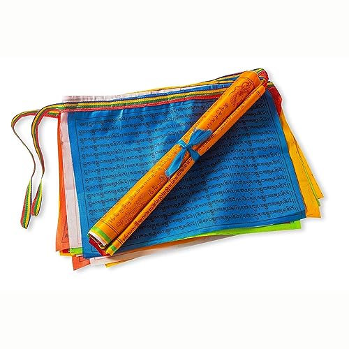 KALUROIL Gebetsfahnen -Tibetische Gebetsfahnen 3,5m - 20 Fähnchen (34x35cm) | Traditioneller Holzmodeldruck | Seide | Bronzieren | Wimpelkette | Outdoor | insgesamt 7 Meter