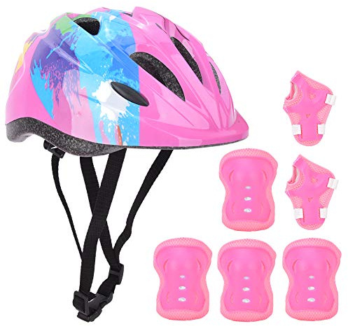 Oumefar 7st Kid Cykelhjälm Set Knäskydd , Barn Skating Cykel Skyddsutrustning Säkerhetshjälm Knä Armbåge Handledsskydd för 3~10 år Pojkar Flickor (Rosa blomma)