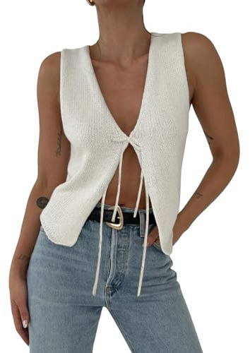 PDYLZWZY Jersey sin mangas para mujer, verano, básico, cuello en V, chaleco de punto de ganchillo, sexy, parte delantera abierta, con atado, Y2K
