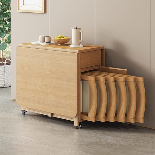 Wooden Drop Leaf Table with 6 Chairs, Folding Kitchen Table Set, Mobile Kitchen Table Extendable Dining Table for Restaurant Kitchen Living Room Dining Room,1.4m