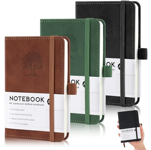 Hopton Notizbuch A6, 3 Stück Notizbücher Set, 192 Seiten,80 g/m²,Leder Notizblock, Klein Notizbuch A6 Liniert, Journal Notebook, Reisetagebuch, Prägebaum Design(Braun, Grün, Schwarz)