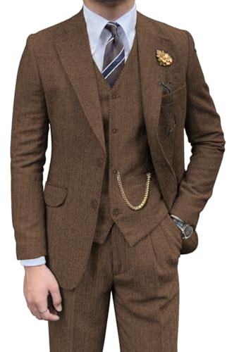 Costume rétro 3 pièces en Tweed à Chevrons pour Homme - Coupe ajustée - Smoking Marron - Veste de Bal - Blazer - Pantalon pour Homme, Marron, Taille S