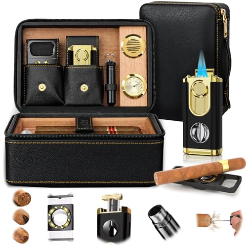Travel Cigar Humidor Set, 2-Layer Design & CedarWood Lined, with Cigar Lighter Built-in V Cutter&Holder, Cigar Cutter, Draw Enhancer, Hygrometer, Humidifier, Portable Leather Cigar Case, Gifts for Men