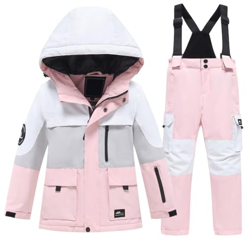 Amur Leopard Kinder Skianzug 2tlg Skijacke mit Kapuze + Skihose Winddicht Wasserdicht Schneeanzug Jungen Atmungsaktiv Skianzüge Mädchen, Rosa, 116-122 (Etikettengröße: 130)