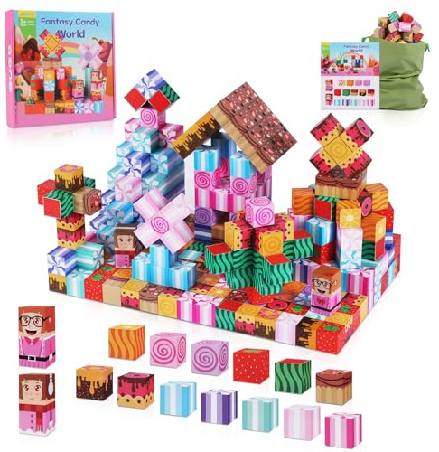 TSKER Bloc de Construction Magnétique - 100 Pièces Cube Magnétique, Bloc Magnetique Enfant Construisez Un Monde Fantastique - Le Monde des Bonbons, Jouets STEM pour Princesses, pour Les 3 Ans et Plus