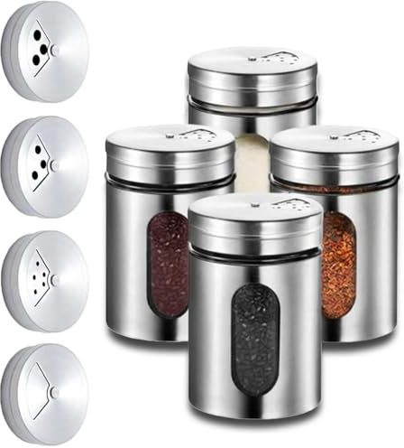 4 Pack 80ml Salt Pepper Shaker, Salt Shaker with Adjustable Pour Holes, Spice Shaker, Glass Spice Jar with Shaker lids, Salt Cellar Salt Container Salt Dispenser for Seasoning Kitchen