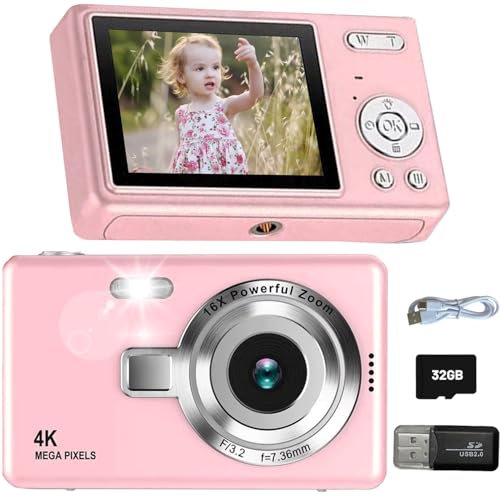 Digital Camera, 1080P 44MP Digital Compact Cameras for Beginner Kids Vlogging Camera with Anti Shake Mini Portable Camera with 32GB Memory Card