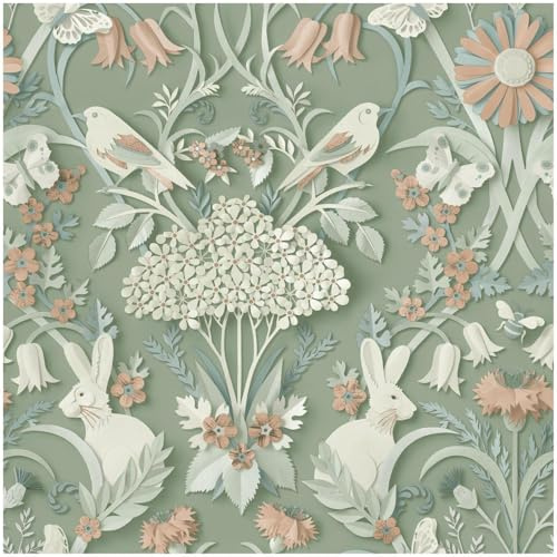 Sample Piece - Woodland Mint Green Pink Wallpaper - Animals Floral Natural 10.05m x 53cm Roll - Contemporary Sophisticated Versatile - Bedroom Dining Room Living Room