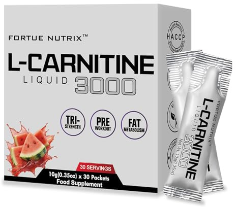 FORTUE NUTRIX Nutrition L-Carnitine Liquid 3000 – High Strength Liquid with Acetyl L-Carnitine & B Vitamins – Pre Workout Energy & Metabolism Support – 30 Easy-to-Take Sachets – Vegan & Gluten Free