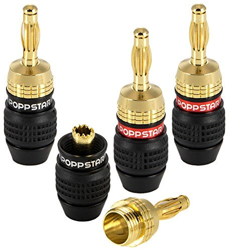 POPPSTAR 4x fiches bananes haut de gamme (blindées), pour câbles d'enceintes (jusqu'à 6 mm²), haut-parleurs, hi-fi, récepteur et amplificateur AV, plaqué or 24 carats (2x noir, 2x rouge)