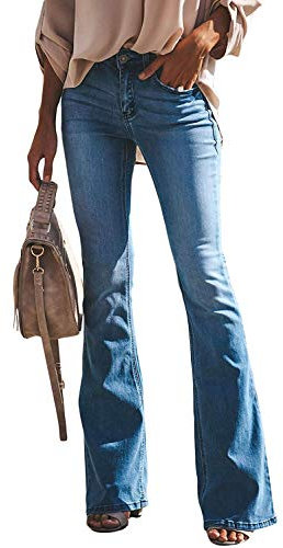 Minetom Schlaghosen Damen Jeans Hosen Stretch Skinny Destroyed Style Denim Jeanshose Retro Hohe Taille Flared Pants Blau L