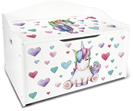 Leomark leksakslåda för barn 68 cm x 42 cm x 46 cm (A) barnbänk med förvaringsutrymme, möbler för barnrum och dagis, förvaringslåda för barnleksaker, Unicorn kista