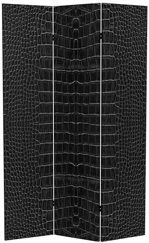 Red Lantern 6 ft. Tall Double Sided Black Crocodile Print Canvas Room Divider 3 Panel Freestanding Folding Privacy Screen Partition and Separator for Modern and Contemporary Bedroom Home Office Studio