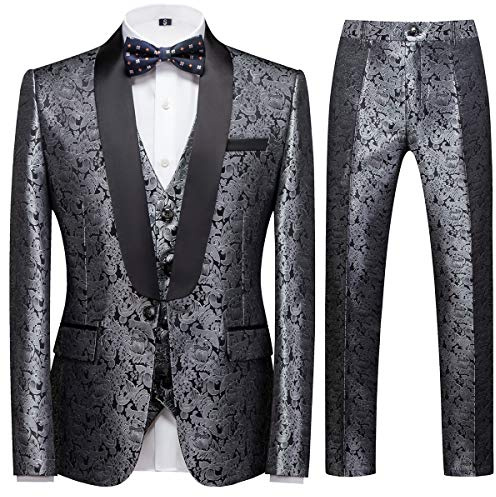 Sliktaa Traje de caballero de 3 piezas con solapa chal estampado para boda, formal, negocios, esmoquin, chaqueta, chaleco y pantalón, plata, M