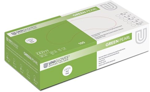 UNIGLOVES - Green PEARL® Grüne passgenaue Einweghandschuhe aus Nitril | Lebensmittelecht, puderfrei & latexfrei | hohe Festigkeit & Haltbarkeit | 100 Stück | Einmalhandschuh L