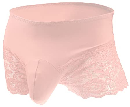 Bommi Fairy Men's Lace Briefs Sissy Pouch Underwear Crossdress Breathable Stretch Cotton Lace Panties Large Hip Wrap with Translucent Thighs (Pink)