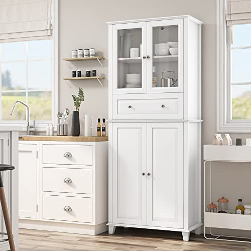 FACBOTALL 73.8'' Tall Bathroom Storage Cabinet, Freestanding Linen Cabinet with Large Drawer, Glass Doors, and Adjustable Shelves, Kitchen Pantry for Dining Room, Living Room, Laundry, White