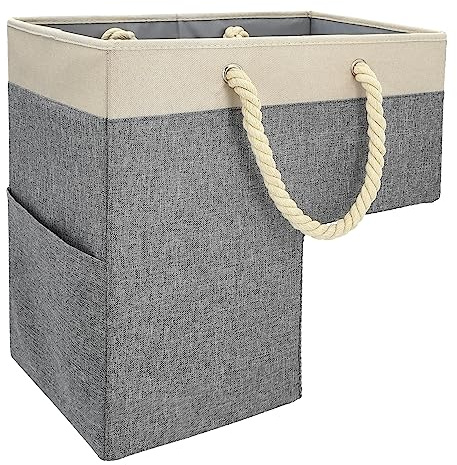 SAM AND MABEL Stair Basket for Carpeted and Wooden Stairs – Foldable Staircase Basket with Thick Cotton Rope Handles, Modern Stairway Storage Organizer (Lite Cream and Gray with Side Pocket)
