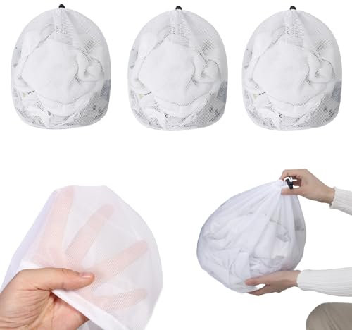 3 bolsas de red para la colada en lavadora gruesa con cordón, bolsas de red de lavandería para lavadora, para lavar ropa, juguetes, calcetines (blanco, 30 x 40 cm)