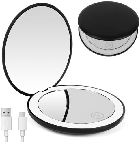 OSDUE Tragbarer LED Taschenspiegel, Mini LED Taschenspiegel mit 1×/10× Vergrößerung, Zweiseitiger Schminkspiegel, Handspiegel Doppelseitig mit Licht, Reise Kosmetikspiegel, Geschenke für Mädchen,Black